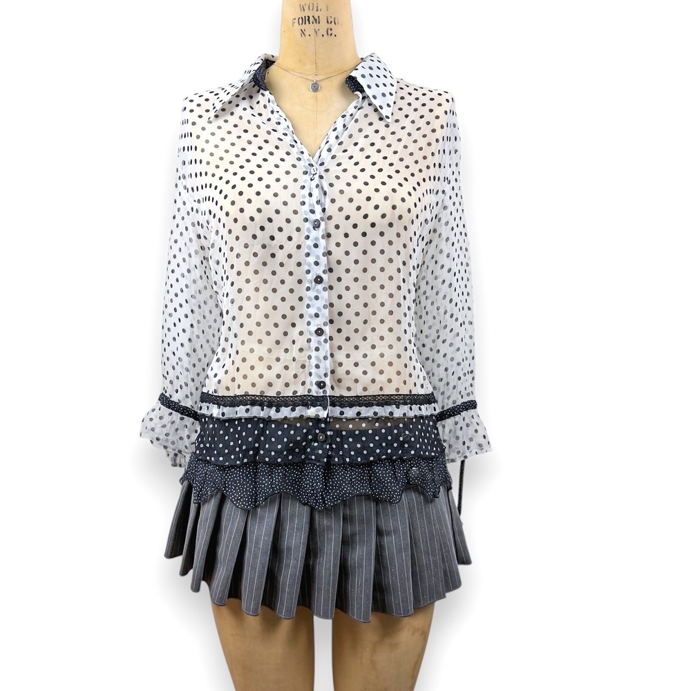 Vintage Hucke Berlin Polka Dot Sheer Blouse Ruffle Hem Lace Trim Bell Sleeve L